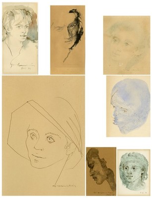 6 Original Zeichnungen - Aquarellzeichnung Studien von Gesichtern - Bouchain - ca. 1968
