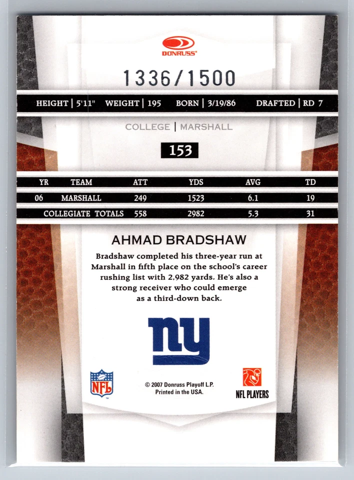 2007 Leaf Certified Materials #153 Ahmad Bradshaw #/1500 - Image 2 of 2
