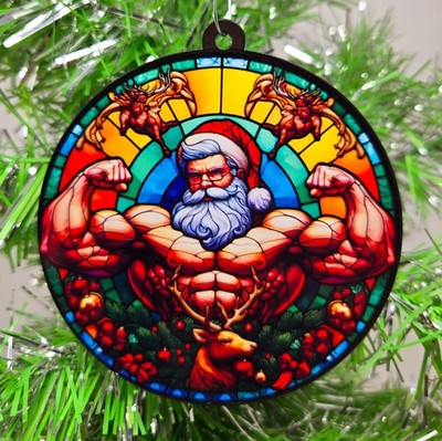 Fitness Jacked Weightlifter Bodybuilder SANTA Gym Themed Christmas Ornament NEW