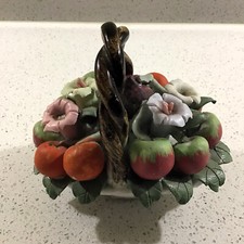 Small Capodimonte Style Vintage Ceramic Flower and Fruit Basket.