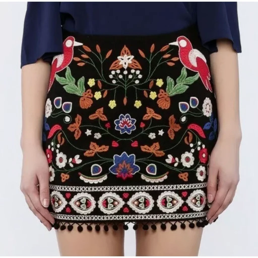 Umgee Small Boho Floral Embroidered Mini Skirt Bird Pom Black Caribbean