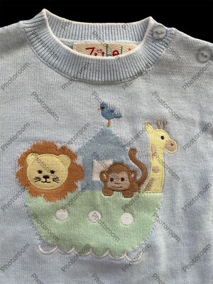 Zubels NWT Blue Intarsia  Noah s Ark 100% Cotton Knit Pullover Sweater-6 mos