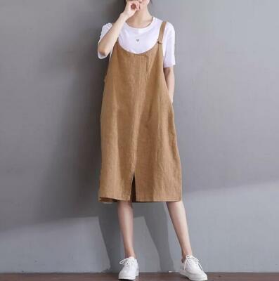 Womens Cotton Linen Casual Dress Overall Jumper Sleeveless Slip