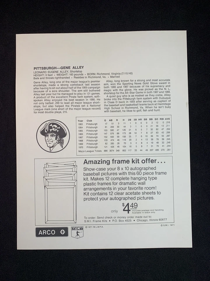 Vintage 1971 Pittsburgh Pirates Gene Alley Pre-Print Autographed 8x10 Photo - Image 2 of 2