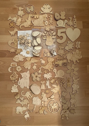 Holzteile zum Basteln, Bemalen Dekorieren über 110 Teile z. B. Katze, Dino