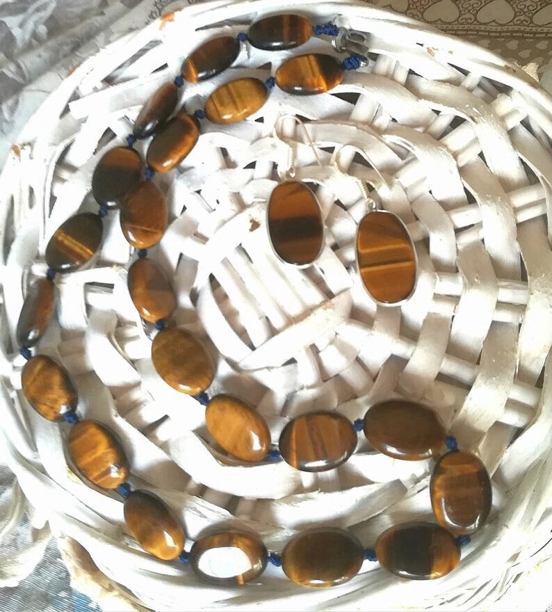 ORECCHINI OCCHIO DI TIGRE NATURALE ARGENTO 925 LEGGERI PENDENTI OVALI TIGER EYE - Immagine 4 di 4