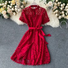 Lady Hollow Out Lace Dresses Midi Short Sleeve Floral Button Casual Fashion Chic