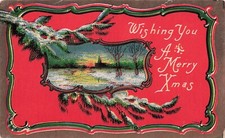 Christmas Card Frame Holly Pastoral Snow Pine Cones Branch Vtg Postcard D53