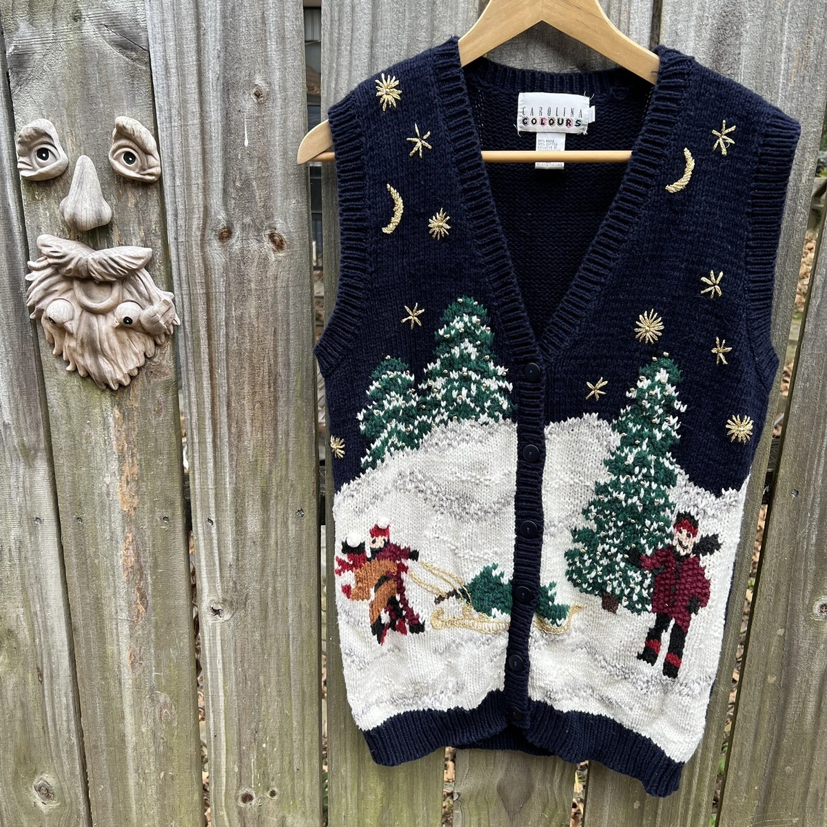 Vintage 80s 90s 3D Beaded Sweater Vest Small Winter Christmas Made