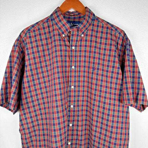 Ralph Lauren Shirt Men Large Orange Blue Plaid Button Up Custom Fit Dress Poplin - Picture 2 of 10