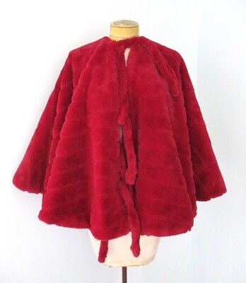 SUPER SOFT burgundy red faux fur cape wrap jacket front ties lined One Size