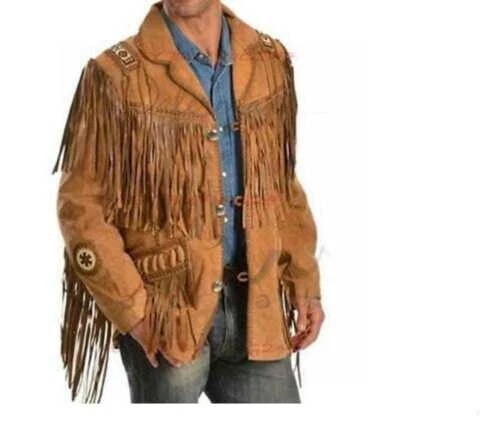 Men Brown Native American Western Cowboy Leather Jacket Suede Fringe & Beaded