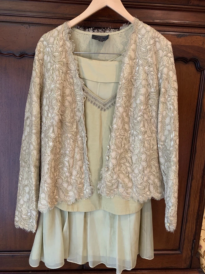 Carmen Marc Valvo Mujer 14W Conjunto Formal 3 piezas Encaje Chaqueta Concha Falda SAKS Excelente Foto 2 de 4