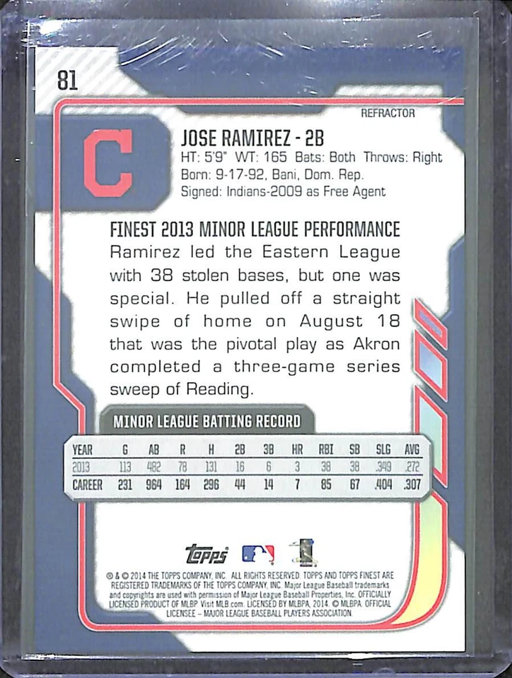2014 Topps Finest Gold Refractor Rookie #RA-JR Jose Ramirez No 16 of 50 - Image 2 of 2