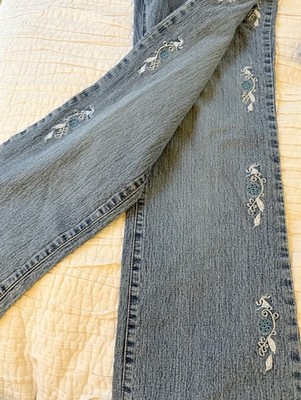 Adolfo Jeans Women's Size 8 Embroidered Legs Floral Boot Cut Stretch Blue Denim