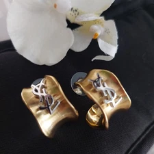 Auth. Yves Saint Laurent YSL Logo Two-Tone Gold Silver Monogram Hoop Earrings