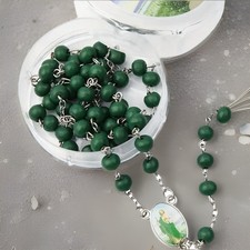 20" Catholic Scented Wood Green Bead San Judas Medal Rosary With Box New