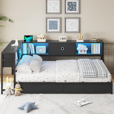DICTAC Twin Corner Bed Frame with Bookcase Storage and Led Lights