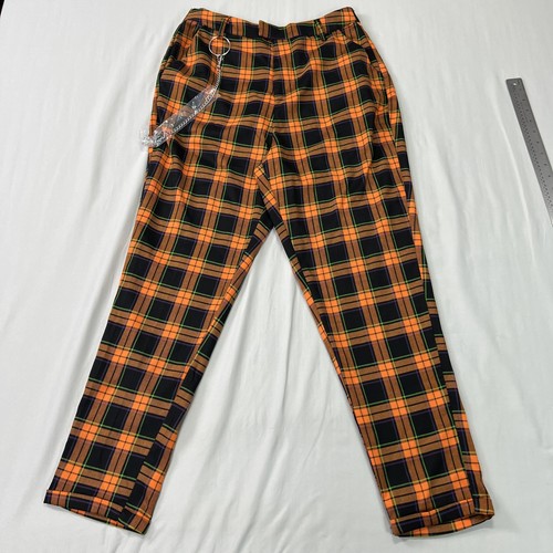 Hot Topic Pants Womens Juniors Large Orange Black Tartan Plaid 30x27 Punk Chain