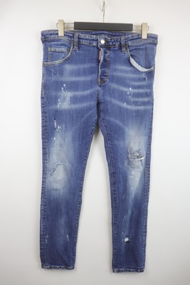 Dsquared2 Blue Denim Red Tab Slim Fit Distressed Whiskered Skinny Jeans Size 52