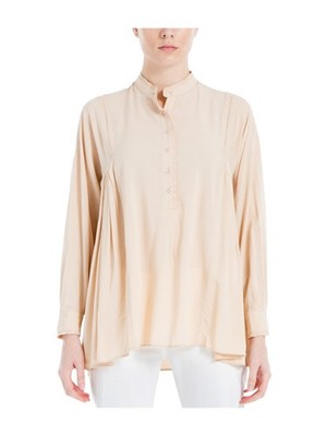 MAX STUDIO Womens Beige Pleated Crochet Inset Long Sleeve Crew Neck Top XSS