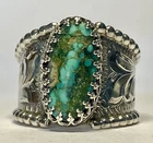 VTG Sterling Silver Crown Bezel Turquoise Handmade Wide Scrollwork Ring Size 8