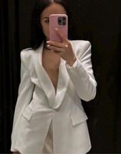 Sz M ZARA NEW WOMAN FITTED SHOULDER PAD BLAZER JACKET ECRU REF:2711/597/712