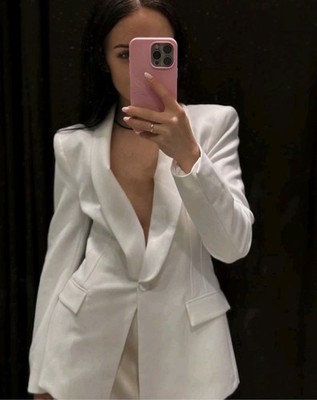 Sz M ZARA NEW WOMAN FITTED SHOULDER PAD BLAZER JACKET ECRU REF