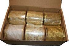 6 Rolls Gold White Christmas Wired Ribbon 2.5 Inch x 6 Yards Each Tree Decor