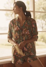NWT Printfresh Bonfire Stories Long Sleeve Shorts Pajama Set Size S Olive