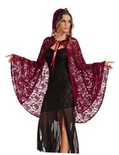 Black Lace Hooded Cape Short Sheer Cloak Halloween Cosplay One Size Wine Red