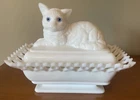 Vintage Westmoreland Milk Glass Cat Covered Dish Lace Edge Blue Eyes 2 Pc 8x5x7”