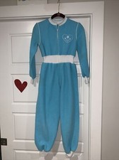 VINTAGE One Piece PAJAMAS Blue Girls Fashion Sz 10 White Cuffs Embroidered Heart