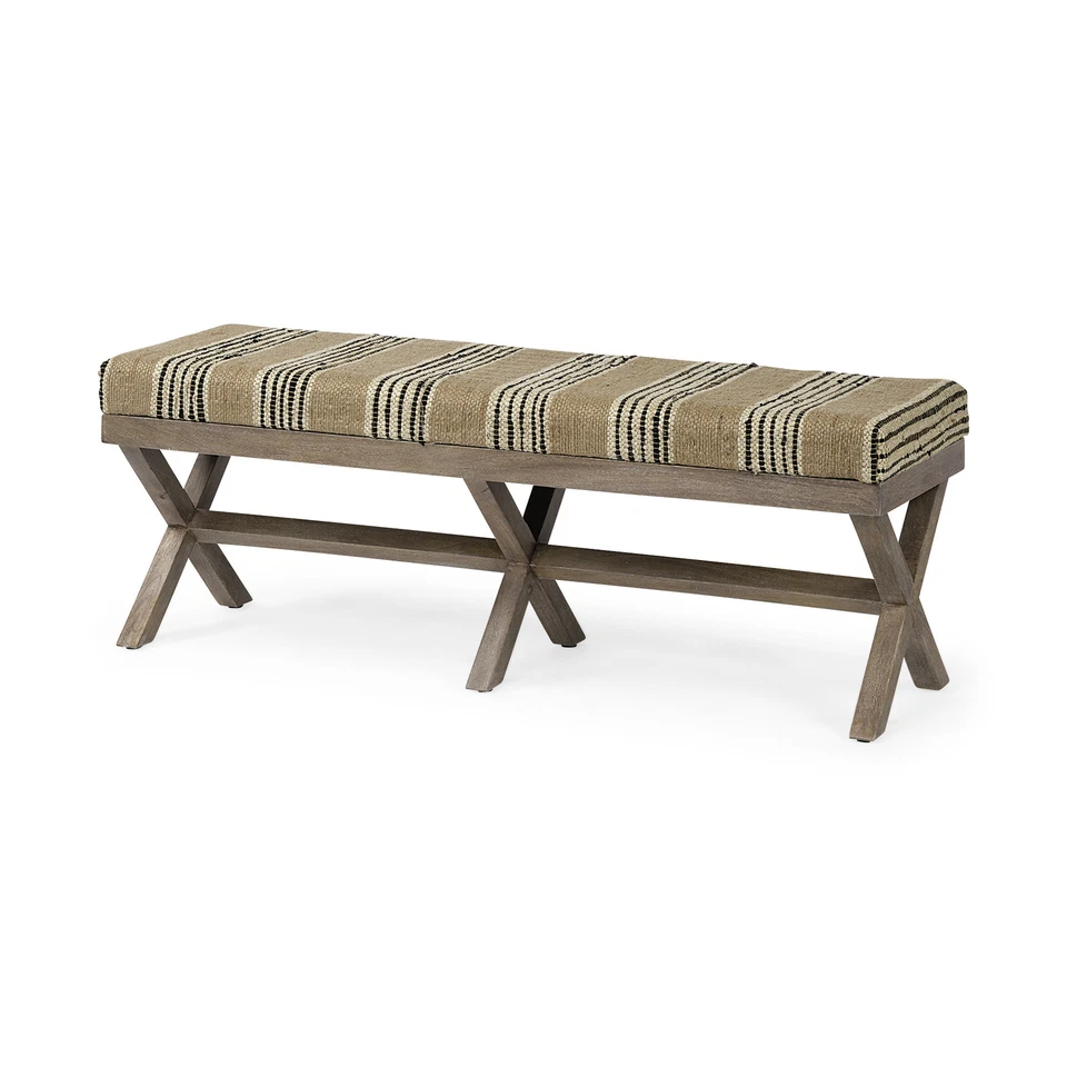 16" Beige And Brown Upholstered Cotton Blend Bench - Image 3 of 4