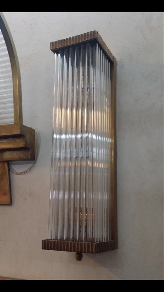 Antique Old Vintage Art Deco Brass & Glass Rod Ship Light Wall Sconces Lamp - Image 3 of 4