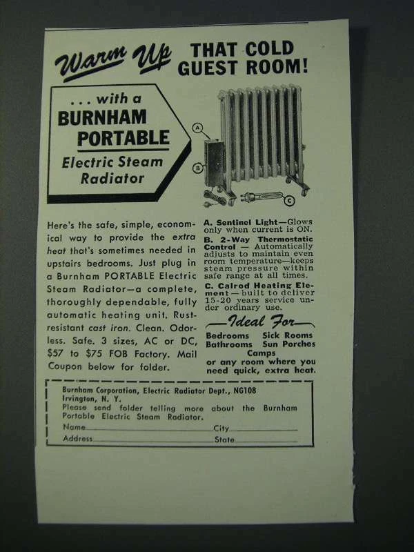 1948 Burnham Portable Electric Steam Radiator Ad - That Cold Guest Room |  eBay