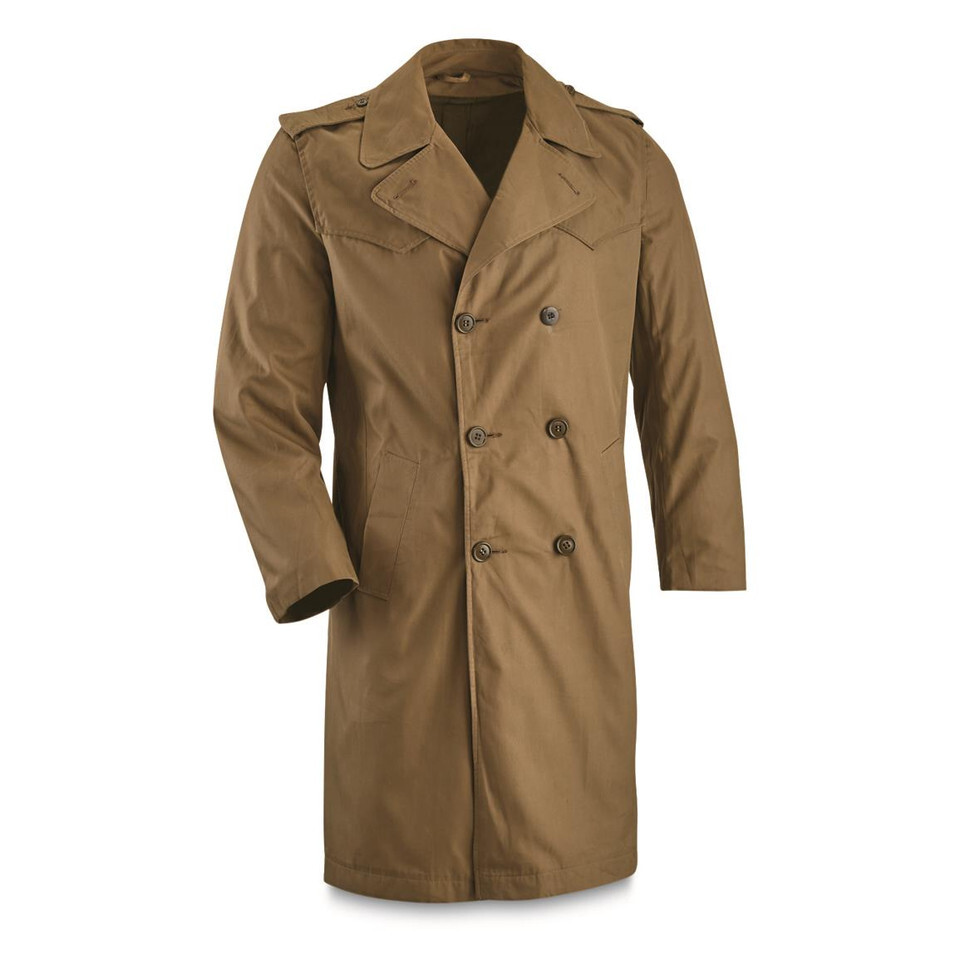 Italian Military tan Lined Trench Coat, S to L, NOS & used cond