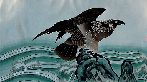 ANTIQUE 1920s JAPANESE SILK EMBROIDERY LARGE 74" x 36" PANEL OF 2 EAGLES & SUN - Picture 3 of 12