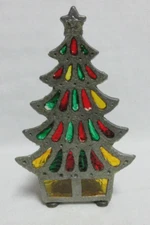 Vintage  Tiffany Style Stained Glass Christmas Tree Candle Holder Cast Iron 7"