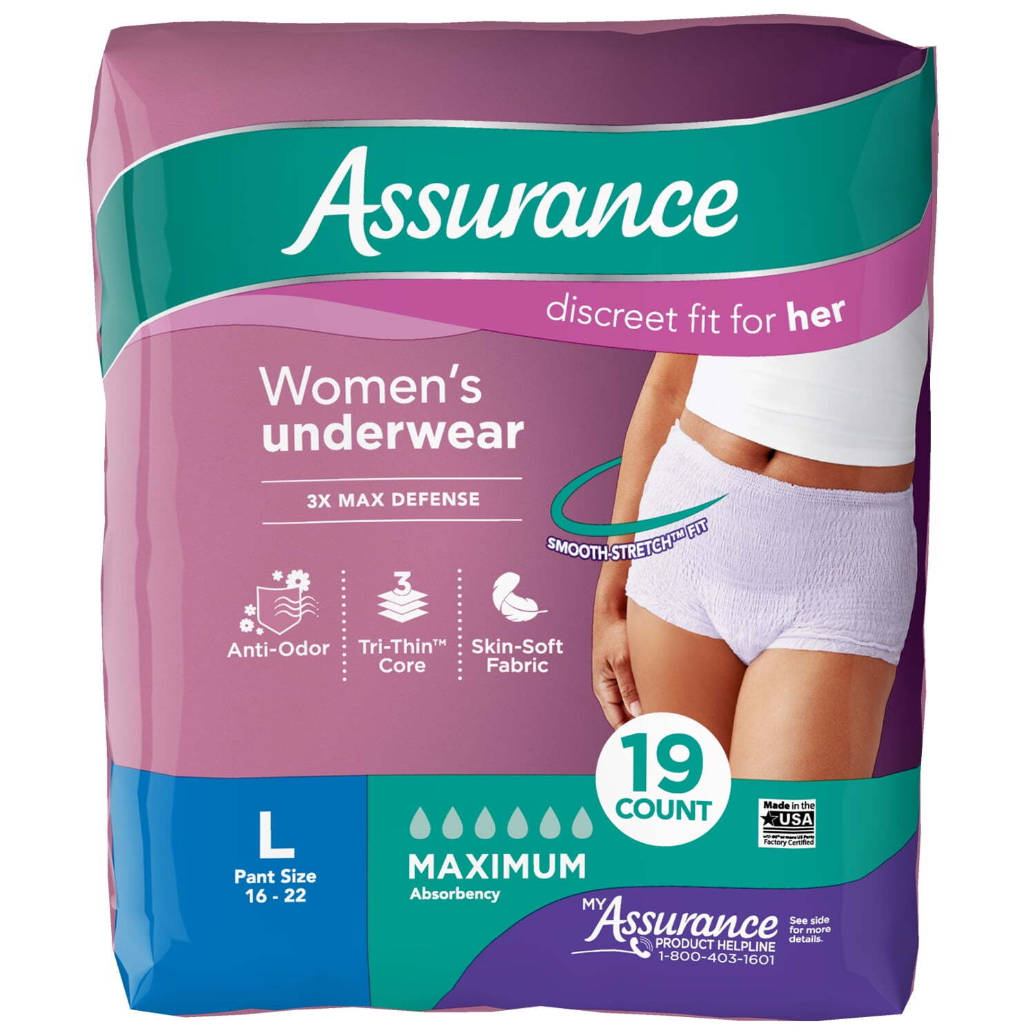 Assurance Women's Incontinence & Postpartum Underwear, L ,  (19 Count)