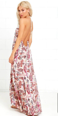 Billabong Beige Shine On Geo Print Low Back Breezy Crochet Halter Maxi Dress  Med | eBay