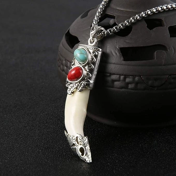 Tiger's Tooth Pendant Necklace, Onyx Lapis Bone Coral Turquoise Men's/Woman's - Image 2 of 4