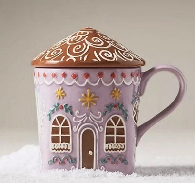 NEW ANTHROPOLOGIE GINGER BREAD HOUSE MUG CUP TEA COFFEE 2PC WINTER HOLIDAY SCENE