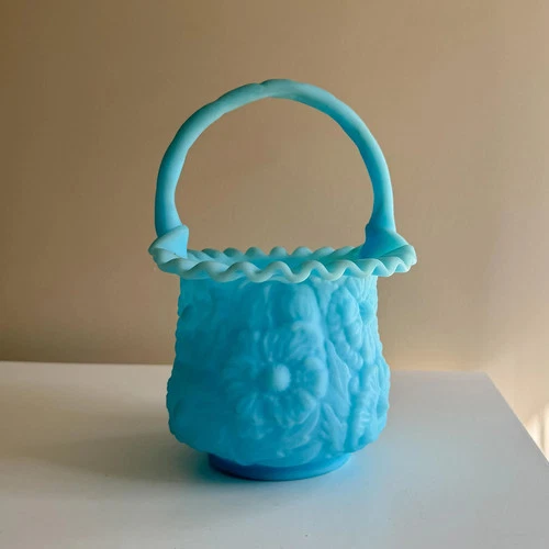 Fenton Blue Satin Glass Poppy Pattern Basket Vintage Ruffled Edging Baby Blue
