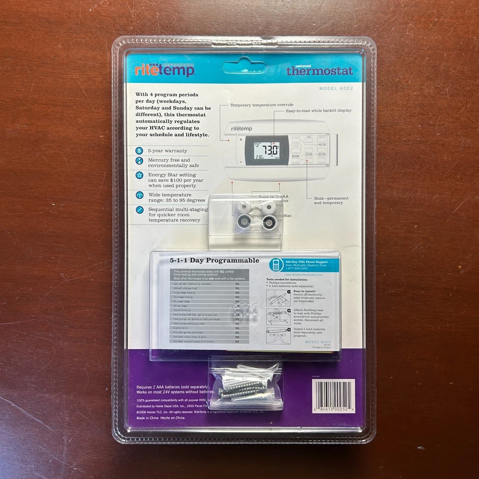 RiteTemp 6022 Universal 5-1-1 Day Programmable Thermostat LED Backlit New Sealed - Image 2 of 4
