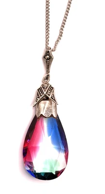 Antique 1920's Art Deco Silver Rainbow Iris Glass Drop Pendant Necklace - Image 1 of 4