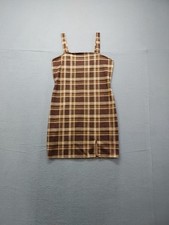 Just Polly Women Mini Dress 2 Brown Plaid Sleeveless Bodycon Square Neck Retro