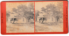 Ancienne vue stéréo famille sur porche du camp Saco Maine ME