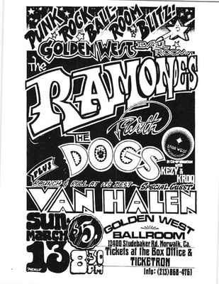Ramones Van Halen Concert Flyer 1977 The Golden West Ballroom