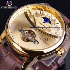 Herren Mechanische Armbanduhr mit Lederarmband Automatikuhr Mondphase Uhr